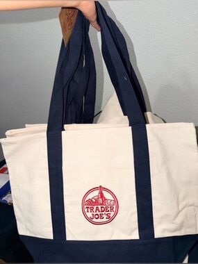 Trader Joe's Cream and Navy Canvas Shoulder Tote